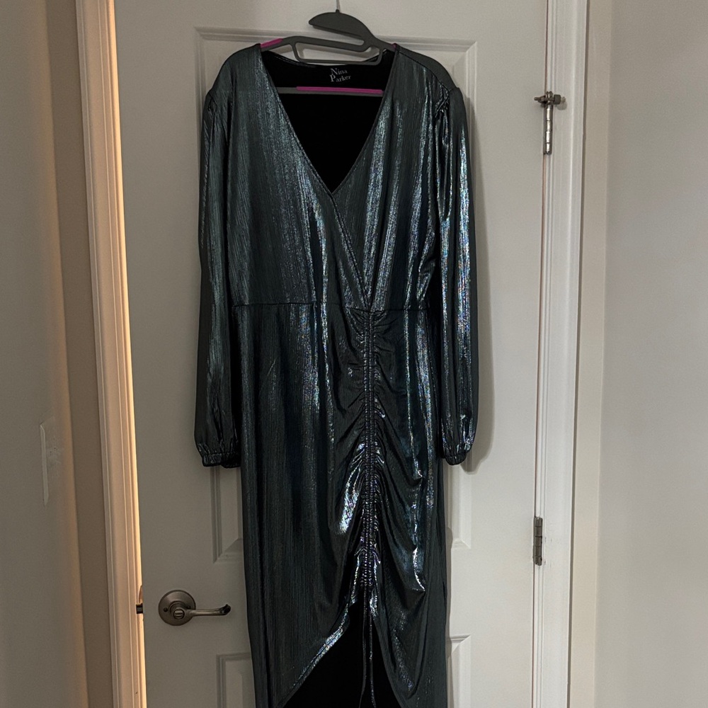 Nina Parker Shiny Metallic Dress with Ruched Detail
